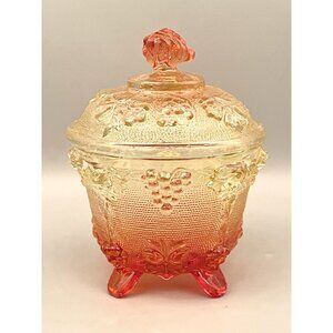 Jeannette Glass Amberina Grape & Vine Footed Candy Dish w/ Lid Ombré Harvest Red